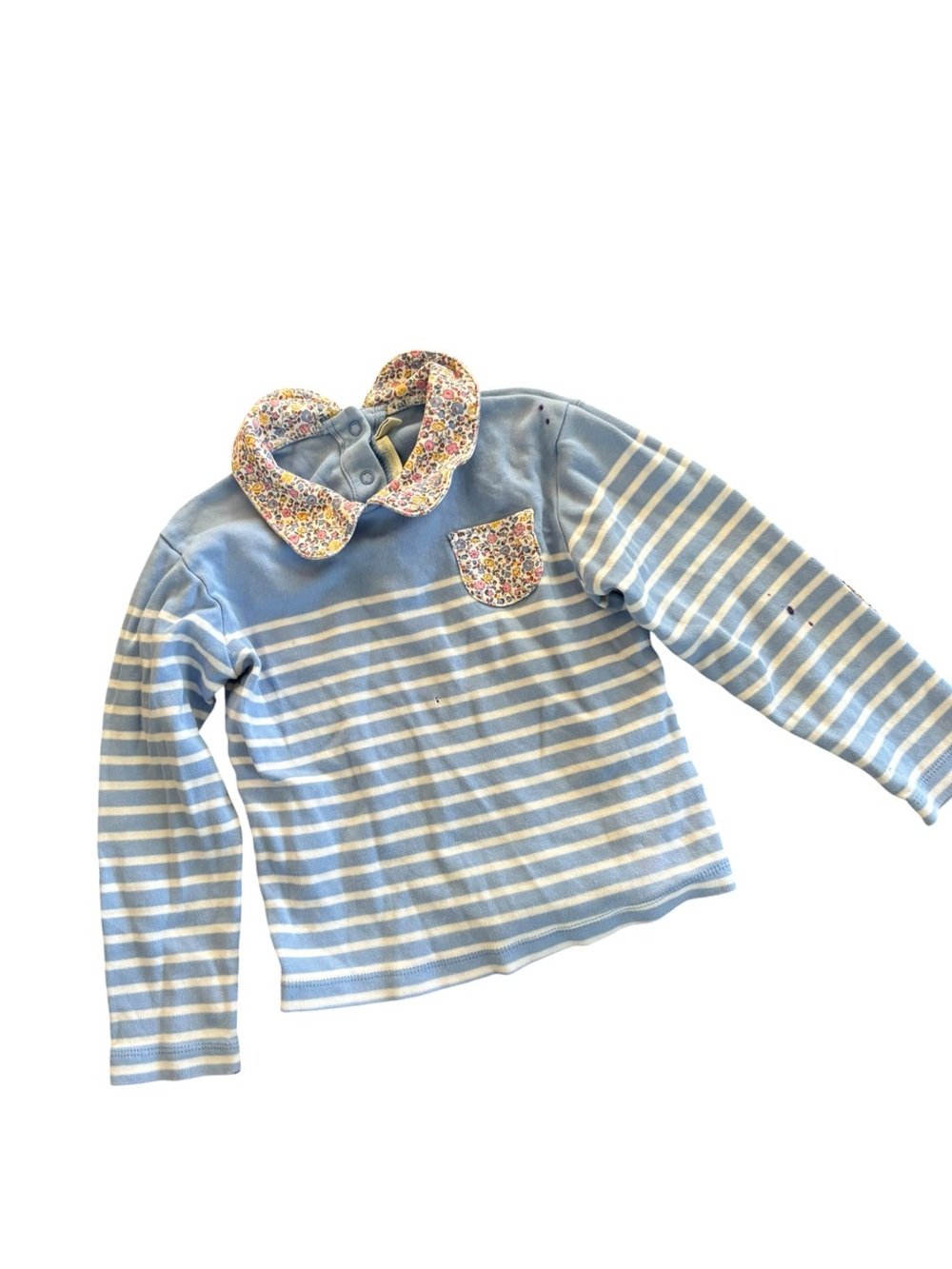 Jojo Maman Bebe Light 5 Blue & White Striped Long-Sleeve Top with Floral Collar